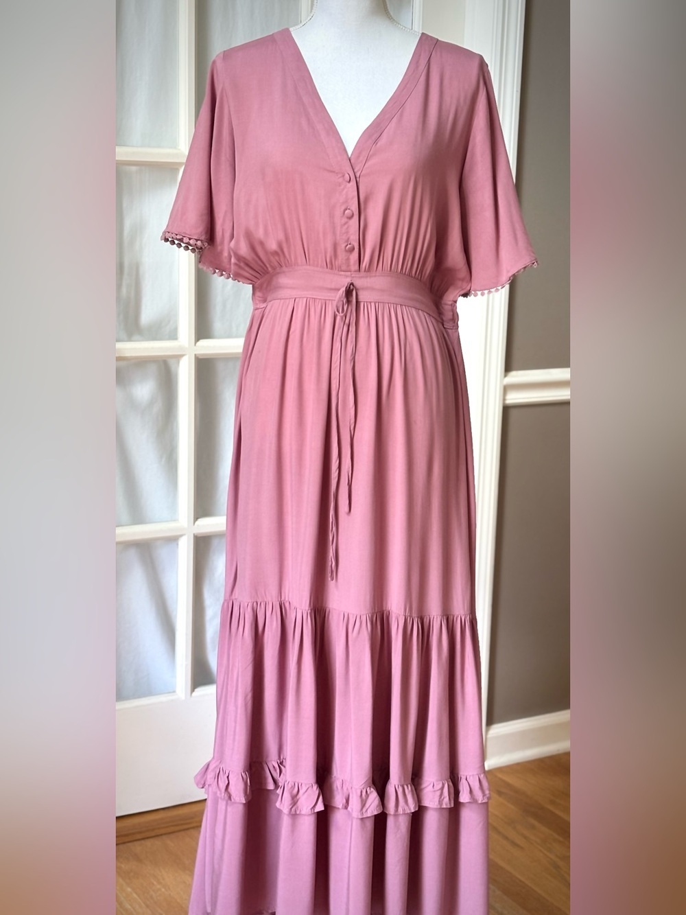 Romantic Mauve Prairie Maxi Dress Tiered Boho Cottagecore M